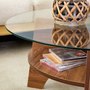 English Elm Round Tempered Glass Coffee Table with Fan Pedestal Base for Modern Living Rooms Transparent,Walnut W1151P256004