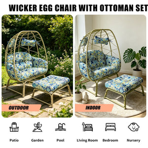 English Elm Double Wicker Egg Chair with Ottoman Bohemian Rattan Outdoor Lounge for Patio T5880P501483
