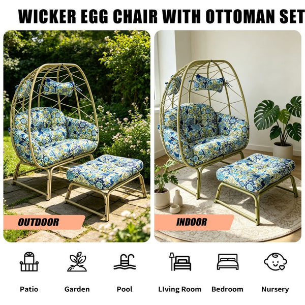 English Elm Double Wicker Egg Chair with Ottoman Bohemian Rattan Outdoor Lounge for Patio T5880P501483