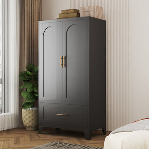 English Elm 60" Powder-coated Steel Wardrobe with Hanging Rod Drawer and Shelf for Slim Spaces W3387P396209