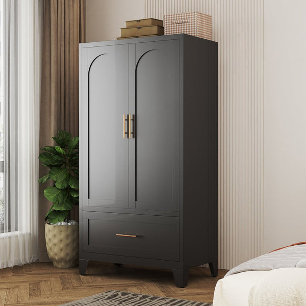 English Elm 60" Powder-coated Steel Wardrobe with Hanging Rod Drawer and Shelf for Slim Spaces W3387P396209