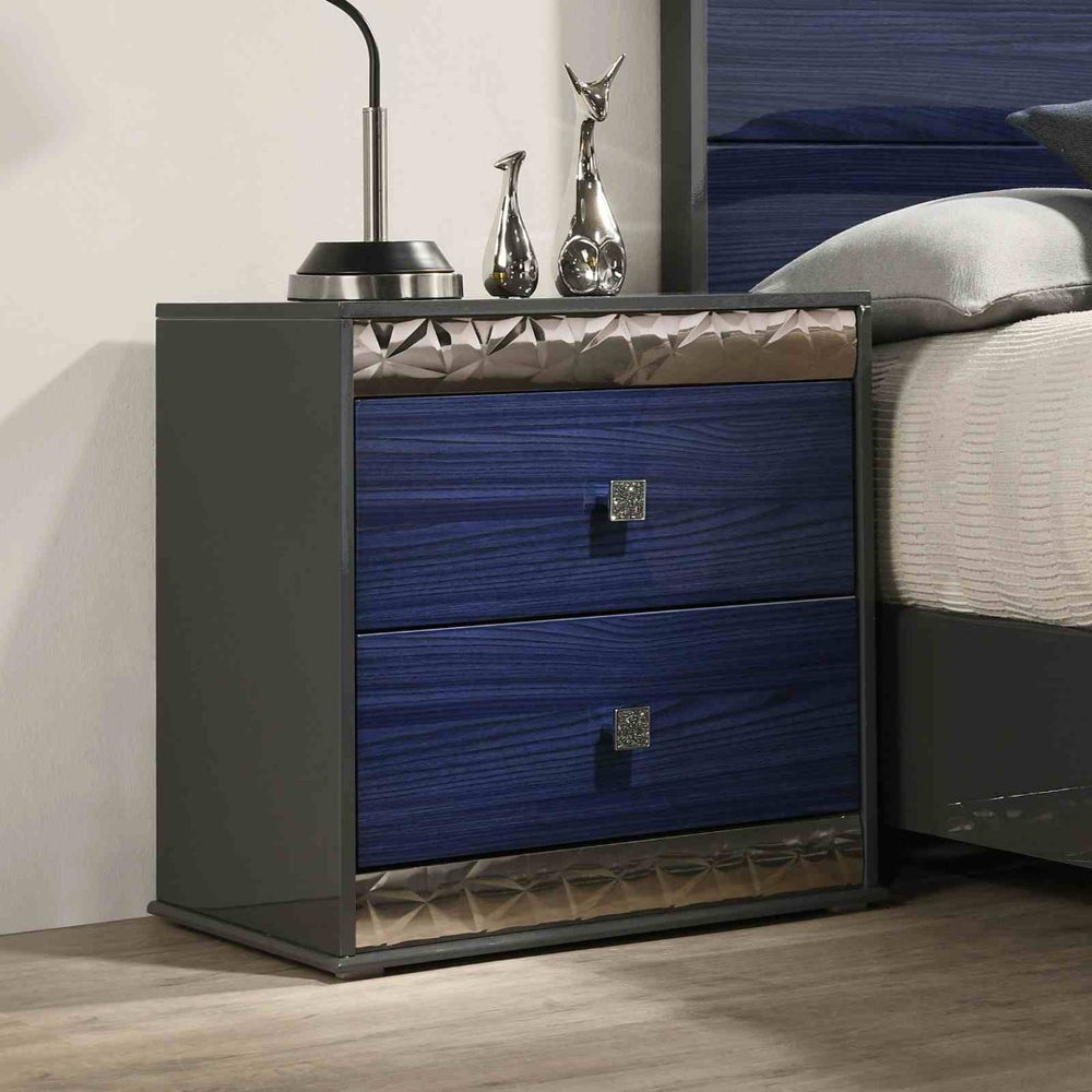 English Elm Glam Two Drawer Nightstand with Chrome Molding Rubberwood Build for Stylish Bedrooms B2741P435900