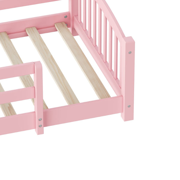 English Elm Twin Montessori Floor Bed Solid Pine Frame with Safety Guardrails for Kids Bedroom Pink N733P400298H