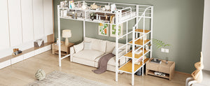 English Elm Twin Metal Loft Bed with Upper Grid Storage Shelf and 4-Layer Ladder Shelves for Space Saving White SF100081AAK