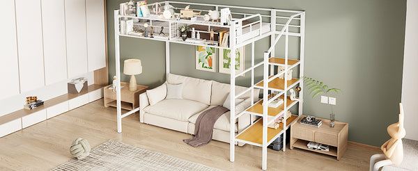 English Elm Twin Metal Loft Bed with Upper Grid Storage Shelf and 4-Layer Ladder Shelves for Space Saving White SF100081AAK