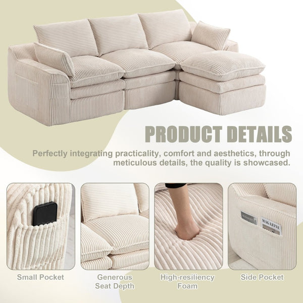 English Elm L Shaped Corduroy Modular Sectional with Cloud Cushions Footstool and Lumbar Pillows Beige W395S00141