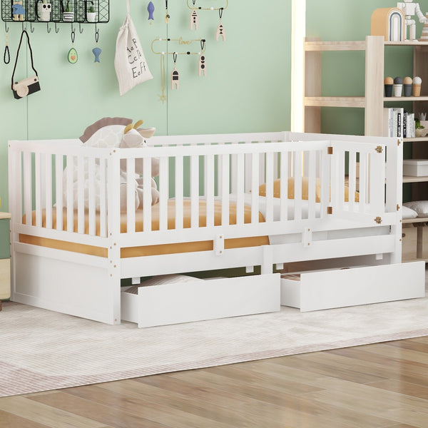 English Elm Twin Pinewood Daybed with Fence Guardrails Splits Into Two Floor Beds Storage White LP100881AAK
