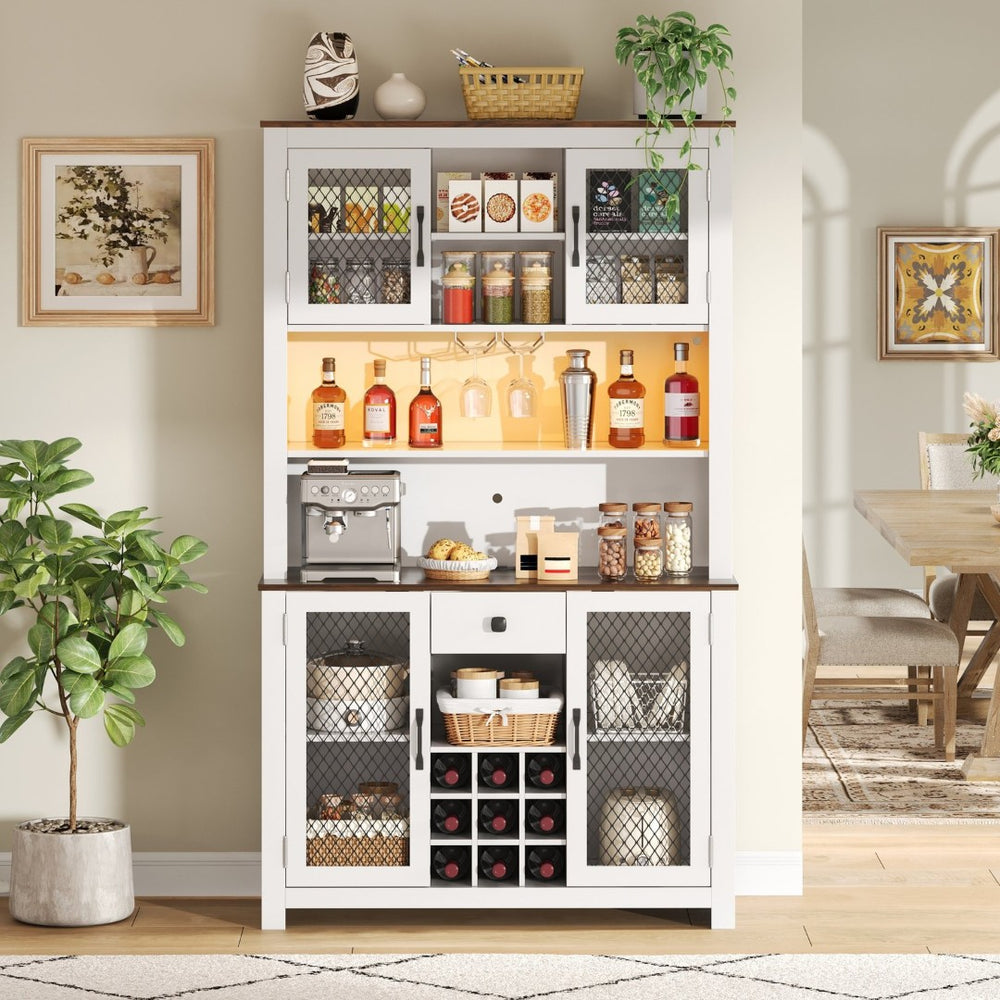 English Elm 70.9" Farmhouse Hutch Pantry with Led Lighting Wine Rack Mesh Doors and Built-in Power White CH361426AAK