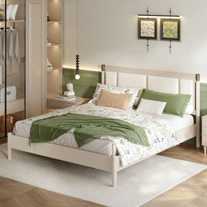 English Elm Solid Pine King Platform Bed with Upholstered Headboard and Industrial Metal Accents Grey,Light Grey N770PK361419E