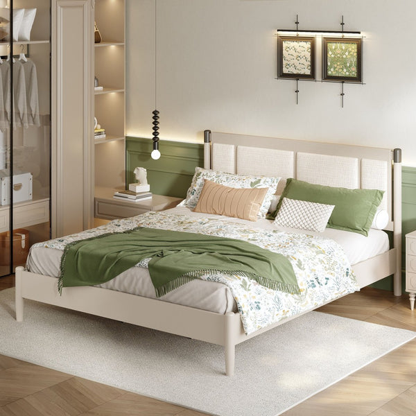 English Elm Solid Pine King Platform Bed with Upholstered Headboard and Industrial Metal Accents Grey,Light Grey N770PK361419E