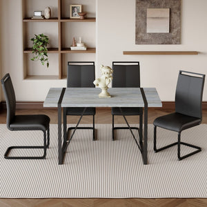 English Elm Table Set: Modern Minimalist Grey Marble Dining Table With 4 Black Pu Leather Chairs & Metal Frame W1151S02683-GIGA