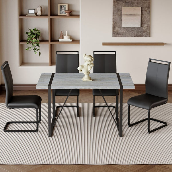 English Elm Table Set: Modern Minimalist Grey Marble Dining Table With 4 Black Pu Leather Chairs & Metal Frame W1151S02683-GIGA