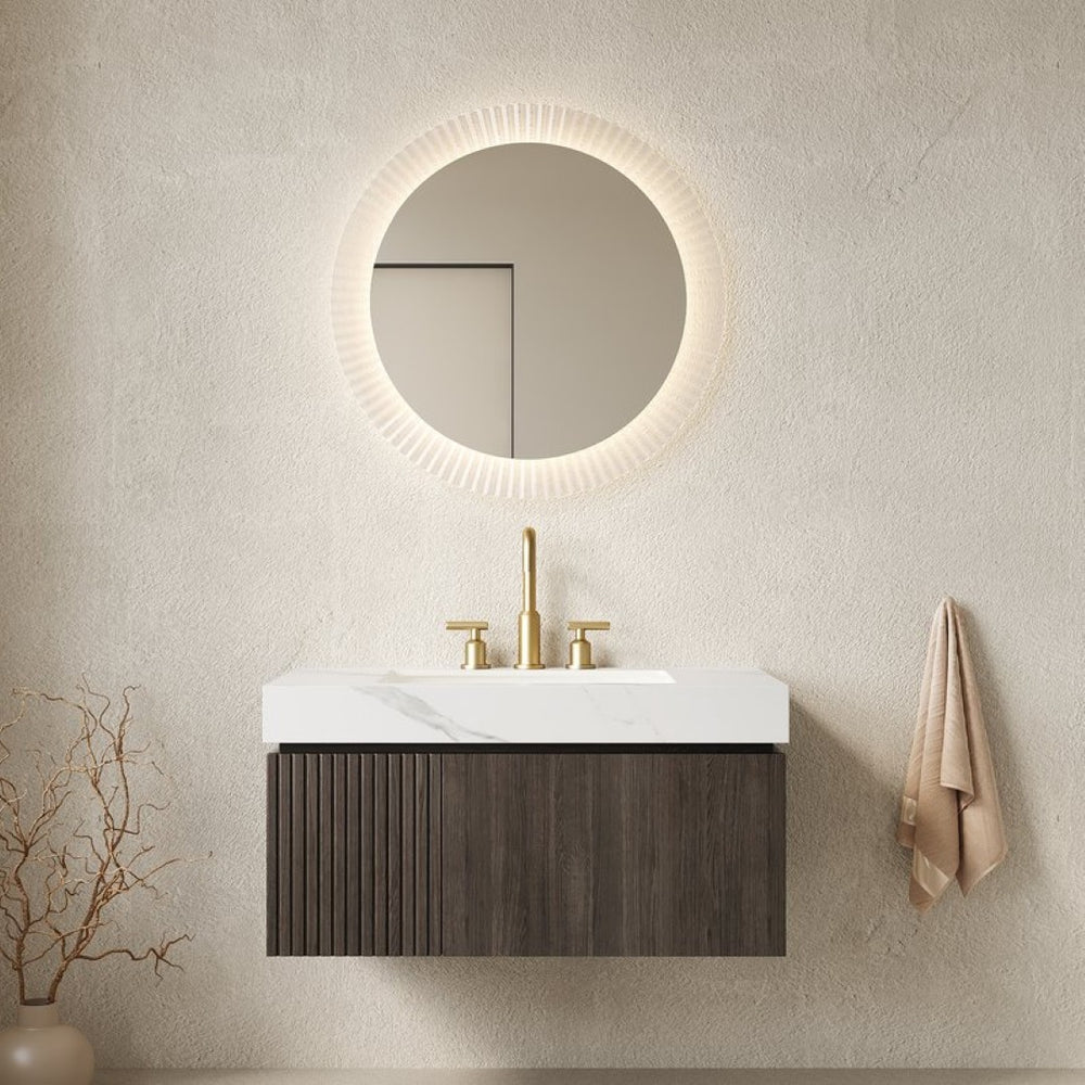 English Elm Muri Floating Bathroom Vanity Plywood Cabinet Sintered Stone Top Espresso Woodgrain W2615S00635