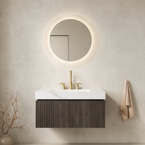 English Elm Muri Floating Bathroom Vanity Plywood Cabinet Sintered Stone Top Espresso Woodgrain W2615S00635