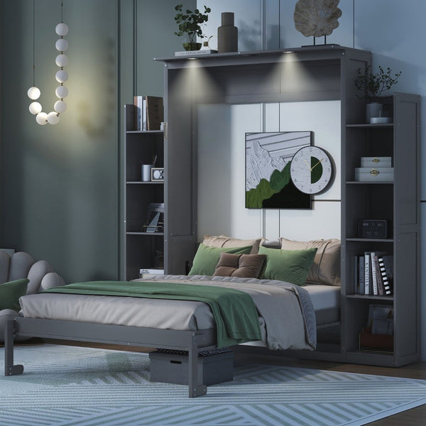 English Elm Full Size Murphy Wall Bed with Led Lighting Side Storage Cabinets and Slatted Support Gray LP000694AAE-1