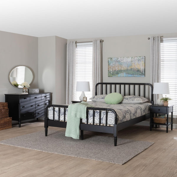 Baxton Studio Baxton Studio Braith Farmhouse 4-Piece Bedroom Set with Spindle Design and Functional Storage Solutions Black Queen Melisa-Black-4PC Queen Bedroom Set