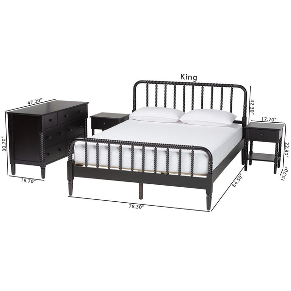 Baxton Studio Baxton Studio Braith Farmhouse 4-Piece Bedroom Set with Spindle Design and Functional Storage Solutions Black Queen Melisa-Black-4PC Queen Bedroom Set