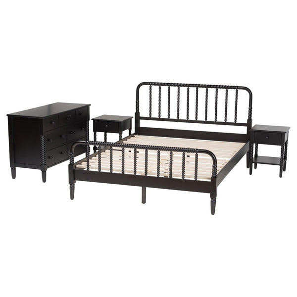 Baxton Studio Baxton Studio Braith Farmhouse 4-Piece Bedroom Set with Spindle Design and Functional Storage Solutions Black Queen Melisa-Black-4PC Queen Bedroom Set