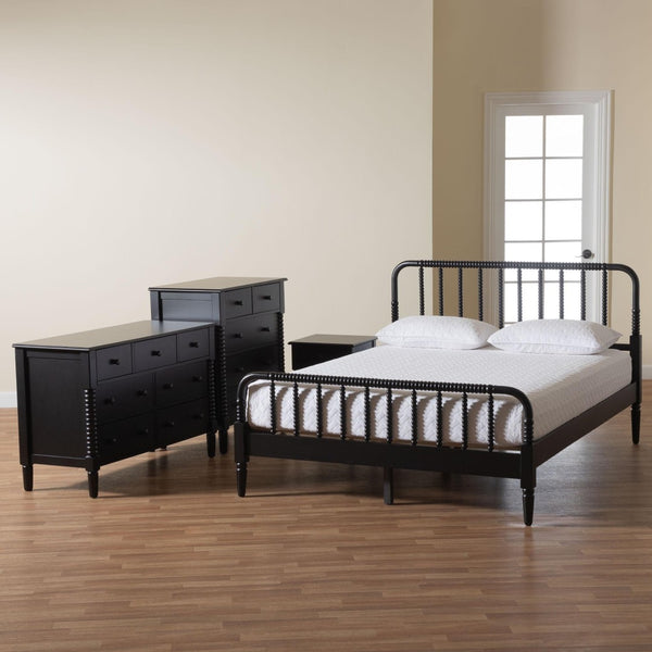 Baxton Studio Baxton Studio Braith Farmhouse Queen 4-Piece Bedroom Set with Timeless Spindle Detailing & Storage Black King SW8620-Black-4PC King Bedroom Set