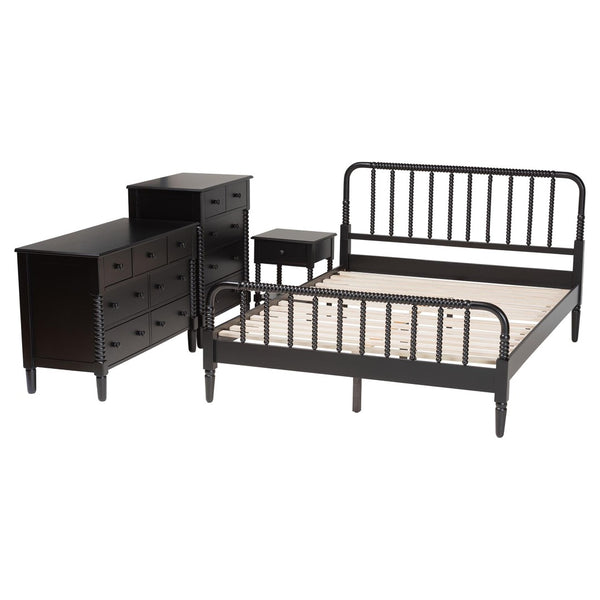 Baxton Studio Baxton Studio Braith Farmhouse Queen 4-Piece Bedroom Set with Timeless Spindle Detailing & Storage Black King SW8620-Black-4PC King Bedroom Set