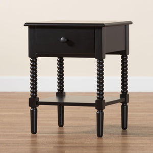 Baxton Studio Baxton Studio Braith Farmhouse Spindle Leg Nightstand with Drawer and Open Shelf for Storage Black SW8000-88NS-Black-NS
