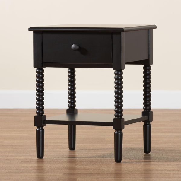 Baxton Studio Baxton Studio Braith Farmhouse Spindle Leg Nightstand with Drawer and Open Shelf for Storage Black SW8000-88NS-Black-NS