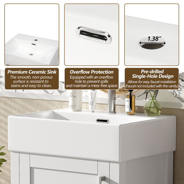 English Elm 20.28'' 20.28" Modern Bathroom Vanity with Ceramic Sink, Solid Wood Frame, Soft-Close Drawer & Cabinet - Space-Saving Design White N729P277755K