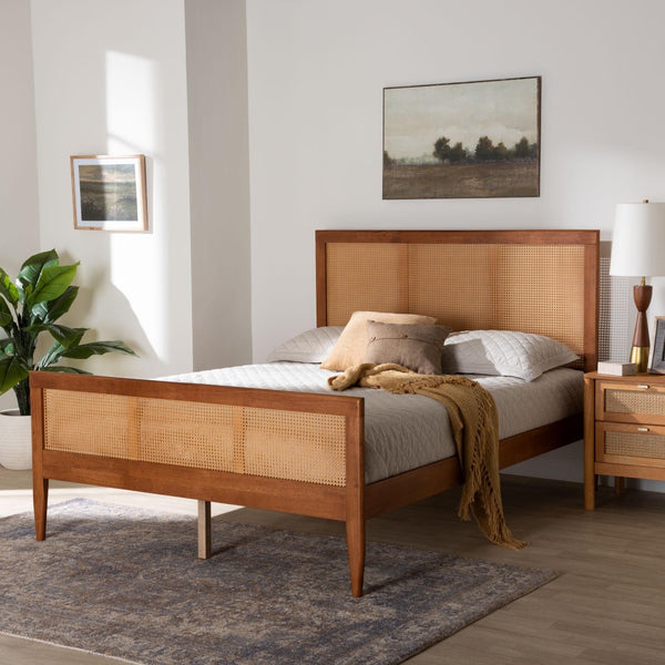Baxton Studio Baxton Studio Walthard Mid-Century Platform Bed with Woven Rattan, Stylish Design & Durable Build King SW8632-Light Walnut/Rattan-King