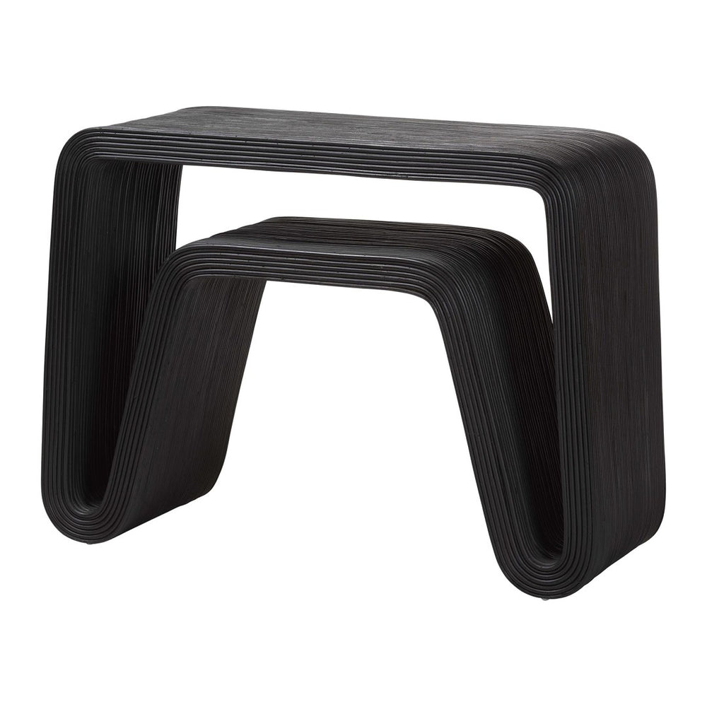 Baxton Studio bali Abebi Black Rattan Console Table – Boho Coastal Accent with Waterfall Design for Modern Spaces Abebi-Black Rattan-Console Table