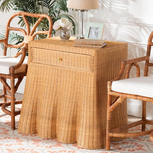 Baxton Studio bali Chica Scalloped Rattan Console Table - Handcrafted Coastal Boho Accent Table with Drawer Chica-Light Honey Wicker-End Table
