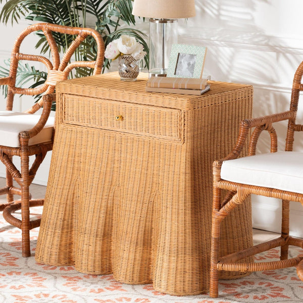 Baxton Studio bali Chica Scalloped Rattan Console Table - Handcrafted Coastal Boho Accent Table with Drawer Chica-Light Honey Wicker-End Table