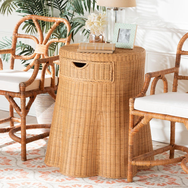 Baxton Studio bali & pari Handwoven Rattan Console Table with Drawer - Coastal Boho Accent Table for Home Decor Dayo-Light Honey Wicker-End Table