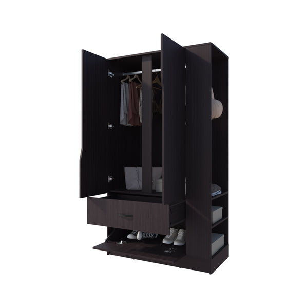 English Elm Sehili Spacious 3-Door Wardrobe with Drawer, Side Shelves & Dual Hanging Rods, Scratch-Resistant Wenge B128S00187