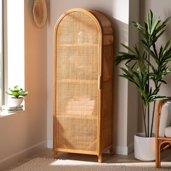 Baxton Studio Paloma Natural Rattan Decorative Cabinet - Handcrafted Bohemian Storage Solution For Any Room Light Honey Natural Rattan,Plywood(Underneath Shelves,Backside) Ayou-light Honey Rattan-tall Cabinet