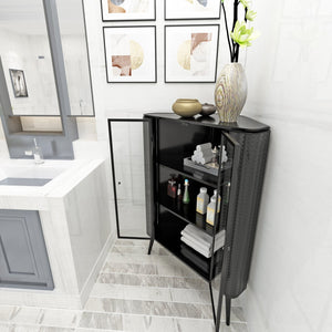 English Elm Modern 3-Tier Corner Storage Cabinet Antique Black Steel with Tempered Glass Doors, Space-Saving Organizer W3122P272936