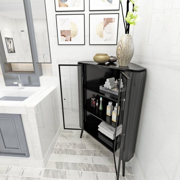 English Elm Modern 3-Tier Corner Storage Cabinet Antique Black Steel with Tempered Glass Doors, Space-Saving Organizer W3122P272936