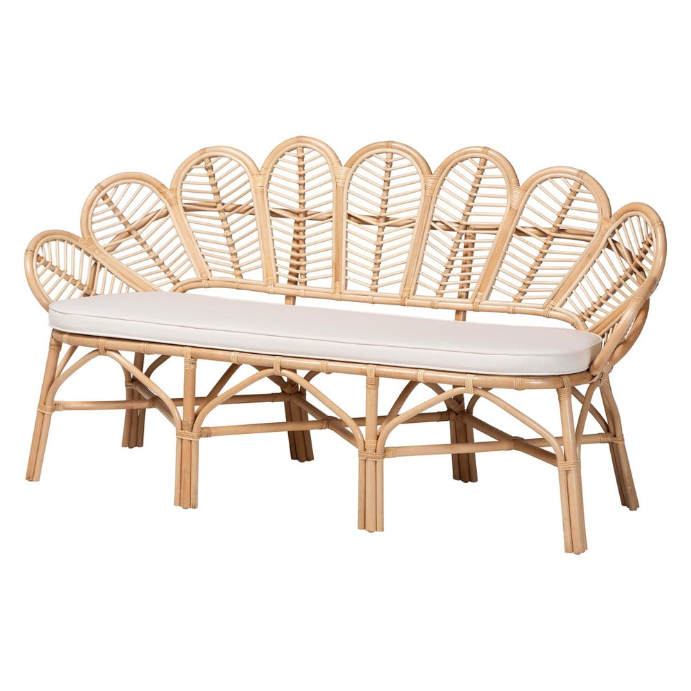 Baxton Studio bali Bali Eliava Rattan Accent Bench - Coastal Boho Loveseat with Removable Cushion for Chic Seating Flower-Natural-Bench