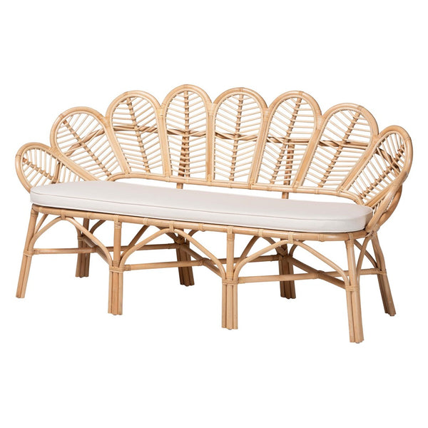 Baxton Studio bali Bali Eliava Rattan Accent Bench - Coastal Boho Loveseat with Removable Cushion for Chic Seating Flower-Natural-Bench