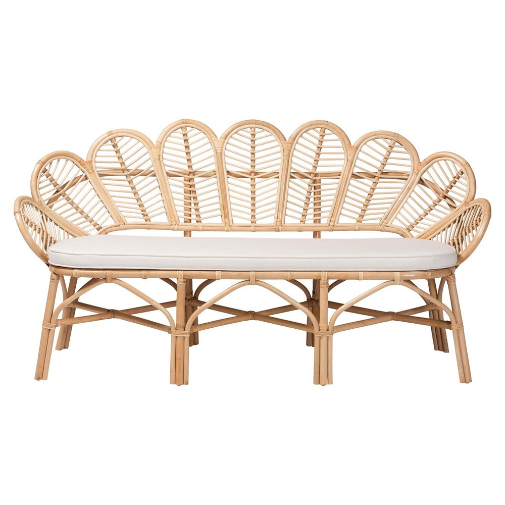 Baxton Studio bali Bali Eliava Rattan Accent Bench - Coastal Boho Loveseat with Removable Cushion for Chic Seating Flower-Natural-Bench