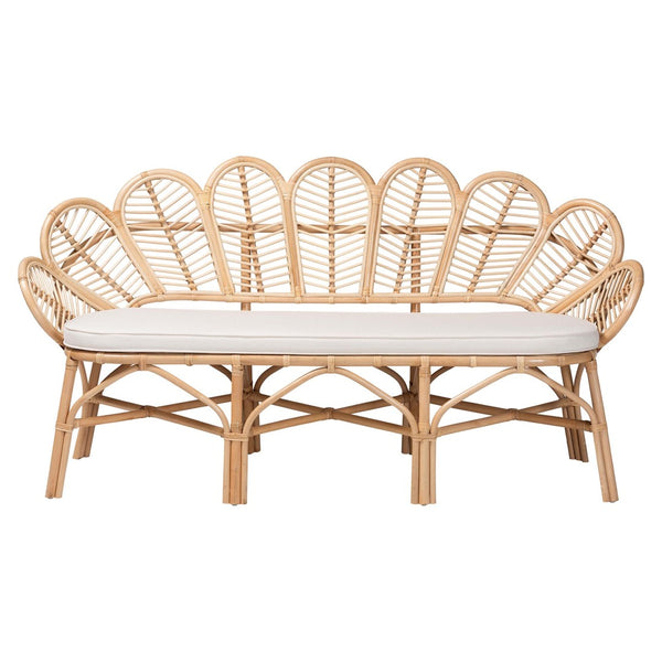 Baxton Studio bali Bali Eliava Rattan Accent Bench - Coastal Boho Loveseat with Removable Cushion for Chic Seating Flower-Natural-Bench