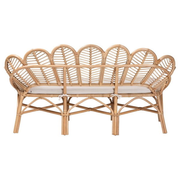 Baxton Studio bali Bali Eliava Rattan Accent Bench - Coastal Boho Loveseat with Removable Cushion for Chic Seating Flower-Natural-Bench
