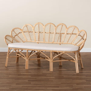 Baxton Studio bali Bali Eliava Rattan Accent Bench - Coastal Boho Loveseat with Removable Cushion for Chic Seating Flower-Natural-Bench