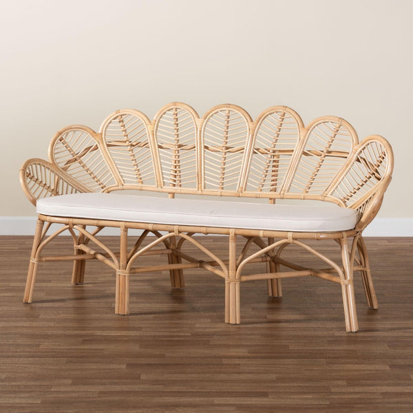 Baxton Studio bali Bali Eliava Rattan Accent Bench - Coastal Boho Loveseat with Removable Cushion for Chic Seating Flower-Natural-Bench