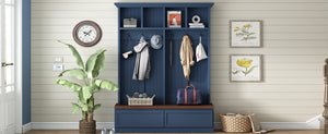 English Elm Rattan Door Hall Tree Bench with 6 Hooks Farmhouse Entryway Storage Blue N721S000076C