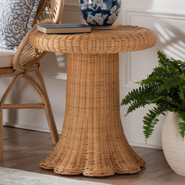 Baxton Studio bali Avalon Scallop Rattan Pedestal Side Table - Handwoven Boho Coastal Accent for Living Spaces Avalon-Light Honey Wicker-End Table
