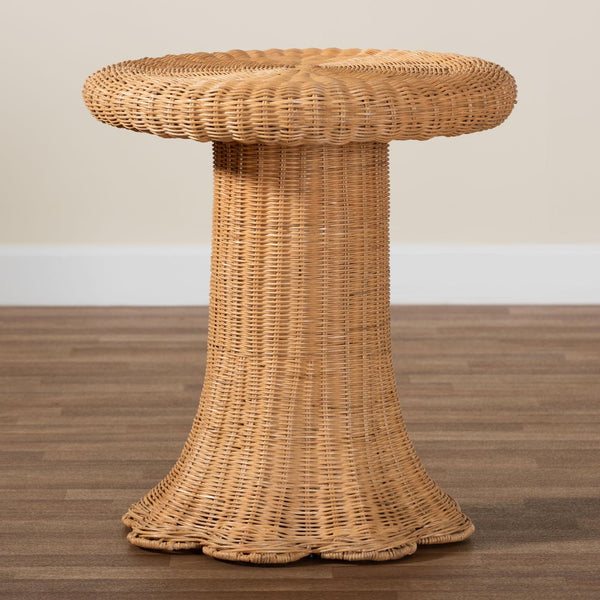 Baxton Studio bali Avalon Scallop Rattan Pedestal Side Table - Handwoven Boho Coastal Accent for Living Spaces Avalon-Light Honey Wicker-End Table