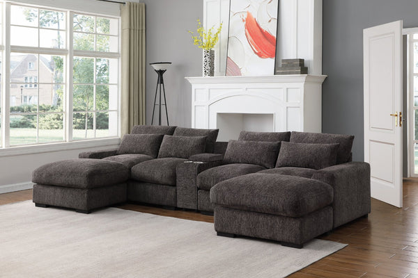 English Elm Modern Flannel Velvet Modular Sectional with Reclining Seats Usb Console Ottomans Coffee B2730S00047