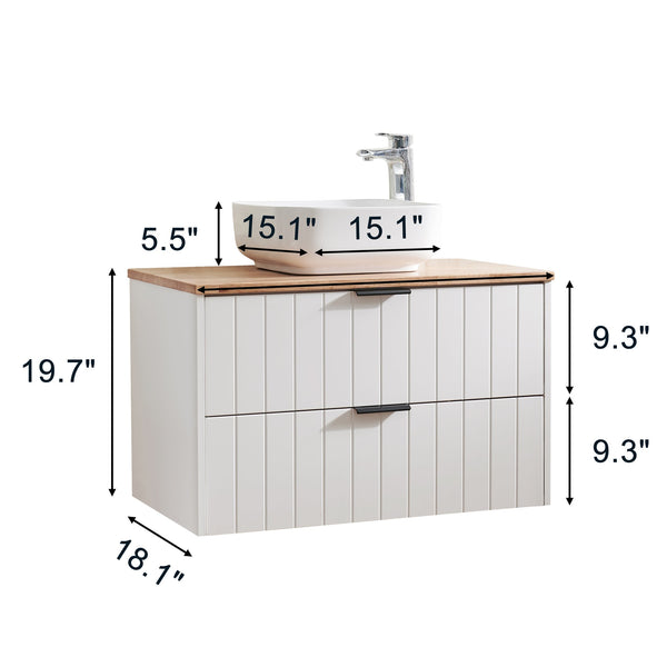 English Elm 32-Inch Wall-Mounted Bathroom Vanity: Modern White Cabinet, Solid Wood Top, Double Drawer Storage W3151S00012