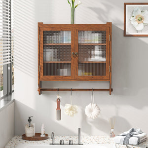 English Elm 24.8"Glass Vintage Double Door Wall Cabinet Brown with 3-Tier Solid Wood Shelves, Glass Panels & Towel Rack W757P170144