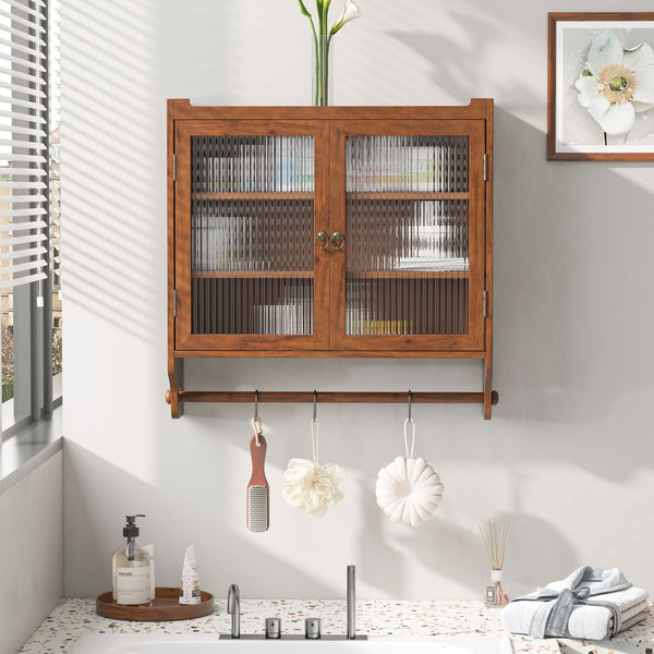 English Elm 24.8"Glass Vintage Double Door Wall Cabinet Brown with 3-Tier Solid Wood Shelves, Glass Panels & Towel Rack W757P170144